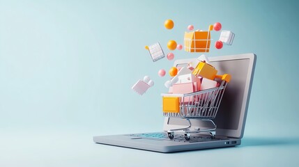 A laptop displays a shopping cart filled with colorful items, symbolizing online shopping and e-commerce growth.