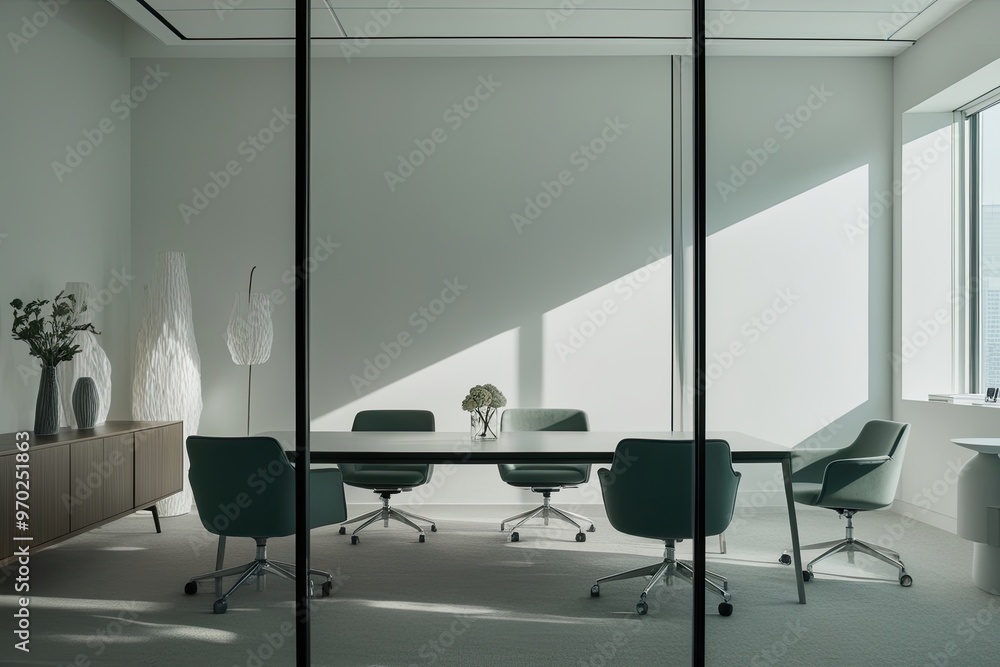 Poster Thought-Provoking Hazy View of a Minimalistic Office Setting with Generous Daylight and Chic Decor