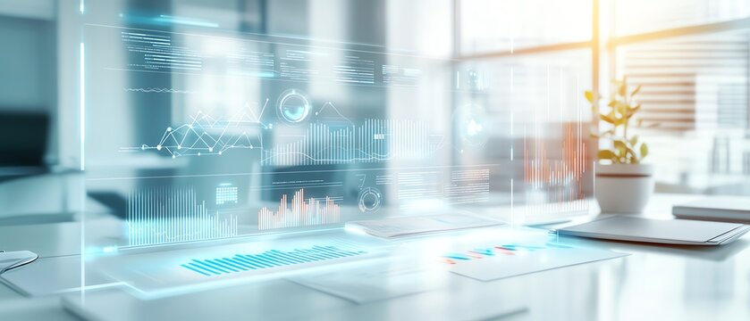 Modern office workspace with digital data graphics overlay, futuristic technology concept with charts and statistics.