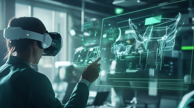 Person using virtual reality headset to interact with digital 3D models and holographic displays in a futuristic office setting.
