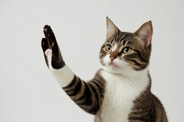 Obraz premium Playful Cat High Fiving Against a Bright White Background