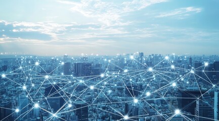 A city skyline with a network of glowing lines and dots connecting buildings, representing communication and interconnectedness.