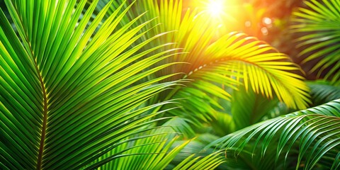 Fototapeta premium Exotic green palm tree leaves glisten in the warm sunlight, highlighting their delicate veins and texture against a