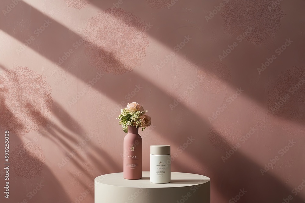 Poster soft muted rose background with gentle sunlight patterns on textured wall for elegant product displa