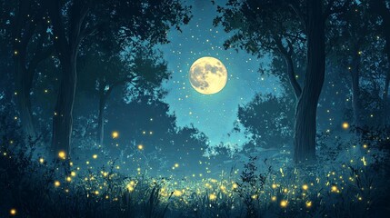 Moonlit Forest with Fireflies Glowing Among Trees