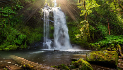 Lush green forest with a serene waterfall cascading into a tranquil pool