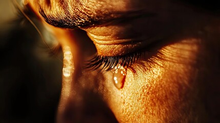 A close-up of a teardrop glistening on a person's cheek, capturing the depth of emotion in a serene moment of vulnerability.