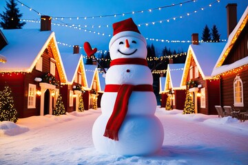 Obraz premium Vibrant Winter Village with Joyful Snowman Under Christmas Lights for a Festive Celebration