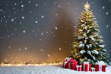 Obraz premium Cozy Christmas Theme with Fluffy Snow, Majestic Fir Trees, and Enchanting Lights for a Joyful Holiday Celebration