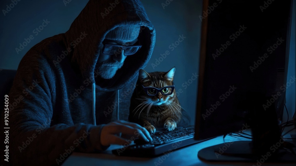 Poster hooded hacker working covertly on computer in dimly lit room