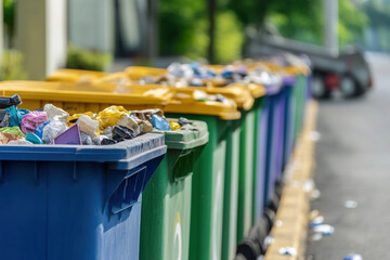 Overflowing trash bins line street, showcasing mix of colorful waste materials. scene highlights importance of waste management and recycling efforts in urban areas