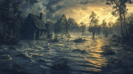Fototapeta premium A serene yet haunting landscape depicting flooded area with dramatic sky. scene captures beauty and power of nature, evoking sense of tranquility amidst chaos