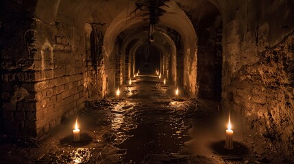 Dark and creepy catacombs with flickering candles