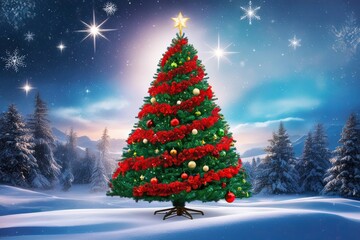 Obraz premium Stunning Christmas Tree in Enchanting Winter Wonderland with Soft Snowflakes and Twinkling Stars