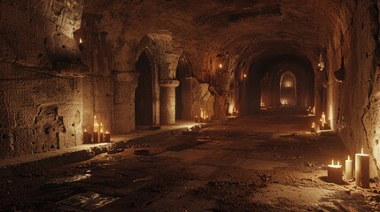 Dark and creepy catacombs with flickering candles