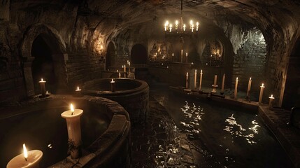 Obraz premium Dark and creepy catacombs with flickering candles