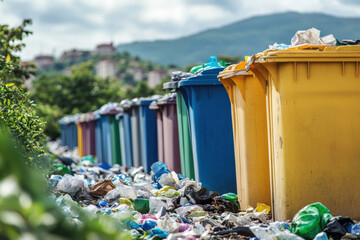 image depicts row of colorful waste bins surrounded by litter, highlighting issue of waste management and environmental concerns