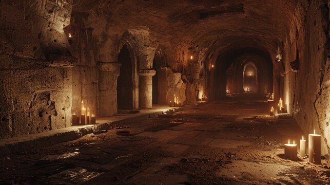Dark and creepy catacombs with flickering candles