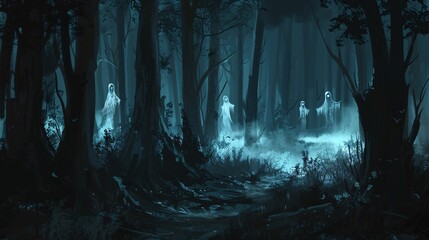 Dark and creepy forest with ghostly apparitions