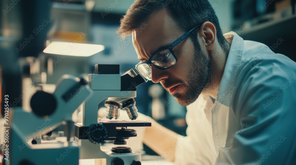 Poster a focused scientist examines sample under microscope in laboratory setting, showcasing dedication an