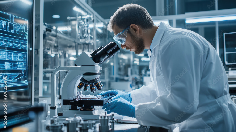 Poster a focused scientist examines samples under microscope in modern laboratory, showcasing advanced tech