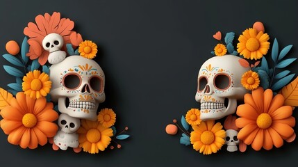 Colorful skulls adorned with vibrant flowers and playful elements, perfect for celebrating life and honoring traditions.