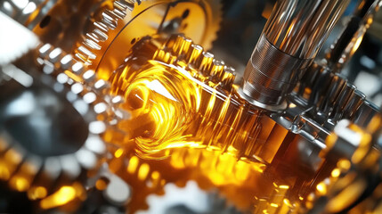 A close up of a machine with gears and an oil liquid. Concept of precision and complexity, as well as the importance of the machine and its components