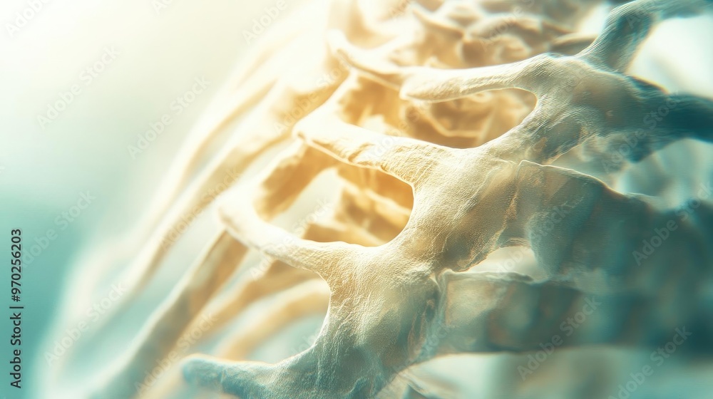 Poster a close-up view of a rib cage showcasing intricate bone structure and soft lighting, ideal for medic