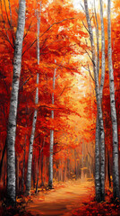 Obraz premium An autumn forest with vibrant red and orange leaves on trees, creating a warm atmosphere. White birch trunks contrast with the rich colors of the autumn landscape