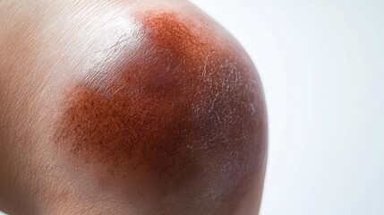 Fototapeta premium Close-up of a bruised knee, showcasing skin texture and color variations, ideal for health and injury-related content.