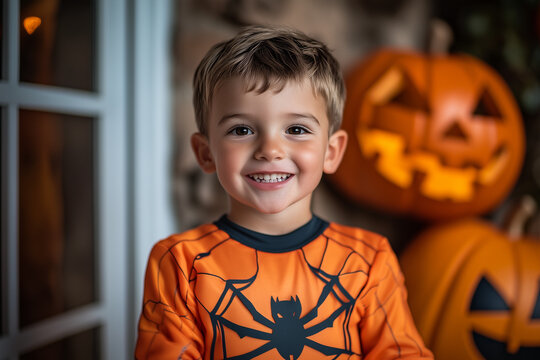 Little White Boy Wearing Halloween Costume Ready to Trick-or-Treat