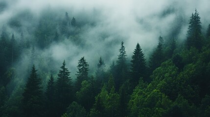 A dense forest with a thick fog covering the trees