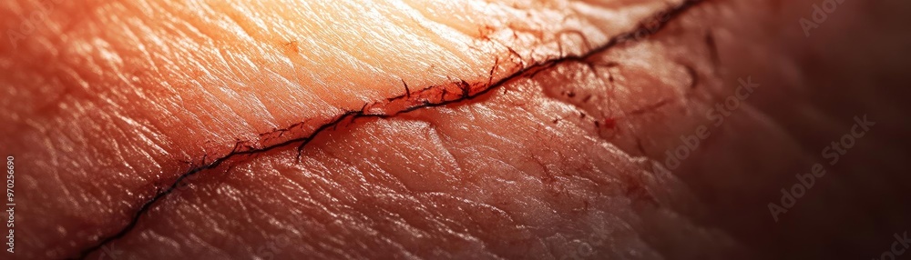 Poster Close-up of textured skin showing fine details and cracks, showcasing the depth and variations in tone and color.