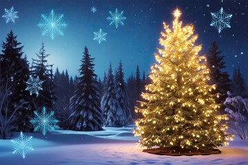 Illuminated Winter Tree Fantasy Holiday Wallpaper with Luminous Snowy Vista and Radiant Snowflakes