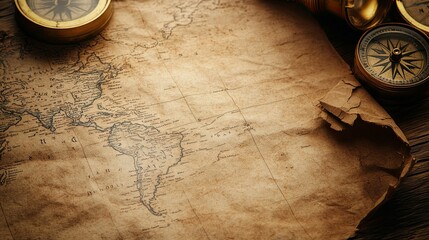 Antique World Map with Vintage Compasses