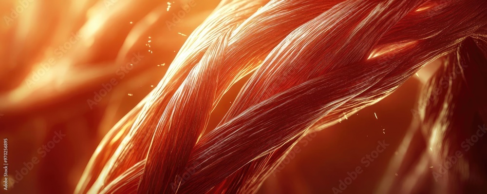 Poster close-up view of vibrant, flowing strands showcasing intricate textures and warm hues, perfect for a