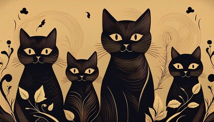 retro vintage cats background minimalist illustration