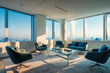 Inspiring Luminous Office Design with Panoramic Views and Modern Furnishings
