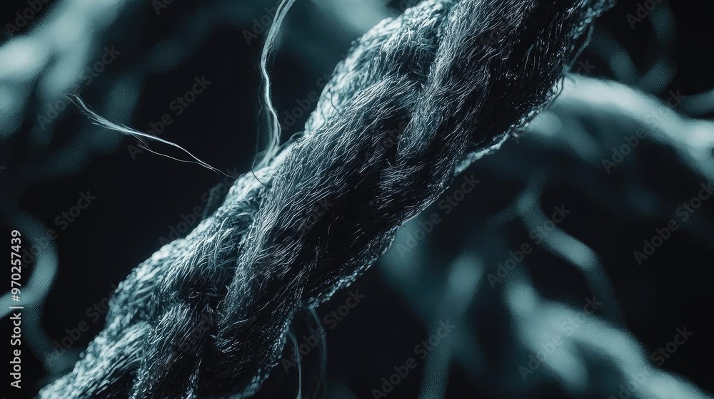 Poster close-up of a textured rope showcasing intricate fibers and details in a dark, moody setting, perfec