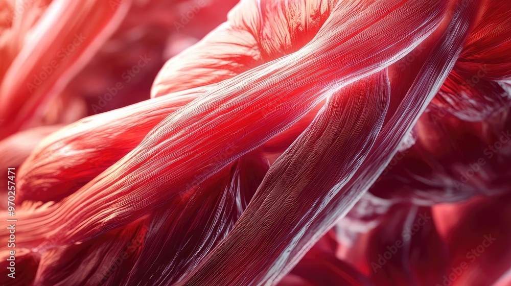 Poster close-up view of red muscle fibers showcasing intricate textures and details, ideal for health and f