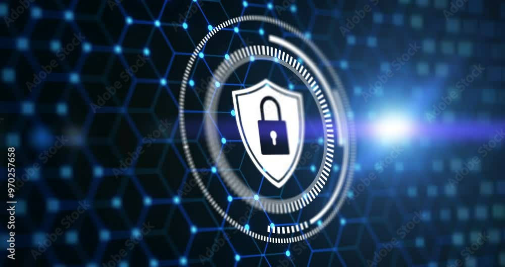 Poster Cybersecurity, digital lock and circuit board for privacy coding, programming or hardware processing. CPU, information technology and cloud computing server for semiconductor blockchain encryption.