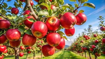 Obraz premium Ripe, red apples quiver gently in the soft breeze, suspended from gnarled branches of the ancient apple tree,