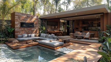 Modern outdoor living space with a pool and natural surroundings.