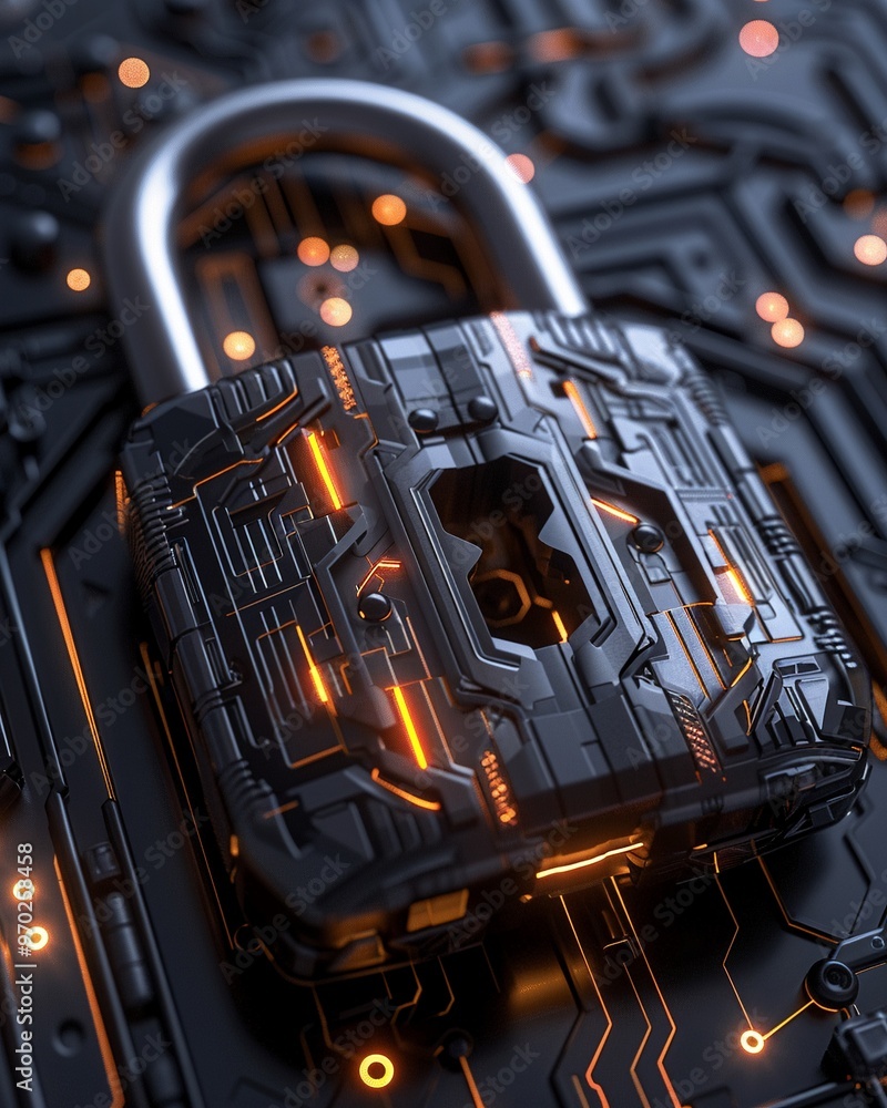 Aufkleber A futuristic padlock set against a high-tech circuit board background, symbolizing secure technology and advanced data protection.