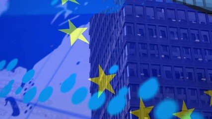Animation of financial data processing over flag of european union and cityscape - Powered by Adobe