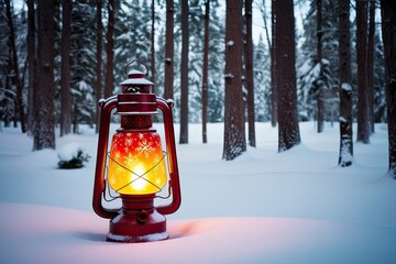 Enchanting Christmas Lantern Illuminating a Cozy Winter Wonderland with Fresh Snow