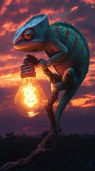 Chameleon holding light bulb at sunset