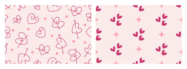 Pink backgrounds set with Love icons seamless patterns collection. Red hearts repeated symbols. Good choice for clothes prints and greeting cards