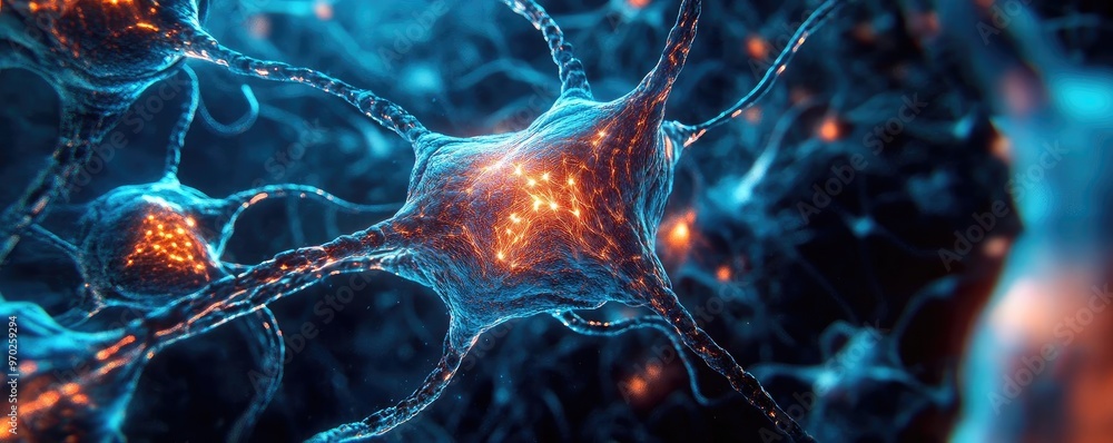 Poster A detailed view of neural cells showcasing synaptic connections and vibrant colors in a digital representation of the nervous system.