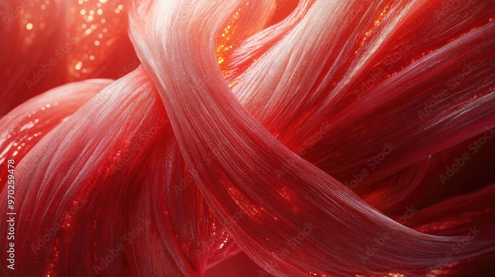 Poster An abstract close-up of vibrant red fibers intertwined, showcasing glossy texture and dynamic movement.